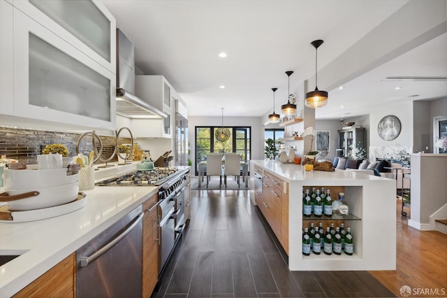 kitchen with white cabinetry, hanging light fixtures, dark wood-type flooring, and stainless steel dishwasher