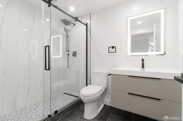 269 E Ave, San Bruno, CA 94066 - full bath with a marble finish shower, vanity, and tile patterned flooring