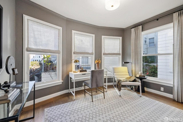 office with baseboards, crown molding, and wood finished floors