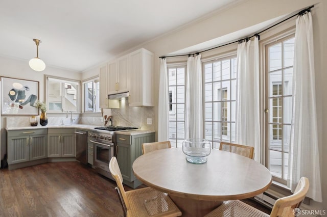 kitchen with decorative light fixtures, dark wood finished floors, stainless steel appliances, light countertops, and under cabinet range hood