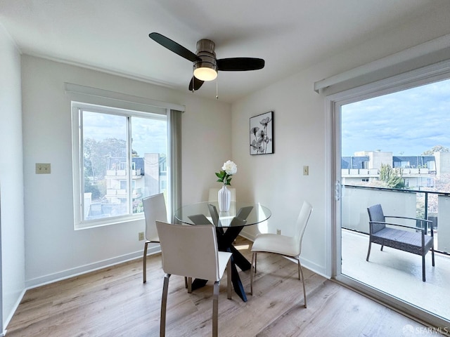 dining room featuring ceiling fan and light wood-type flooring