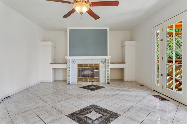 1001 Suffolk Way, Fairfield, CA 94533 - unfurnished living room featuring a tiled fireplace and ceiling fan