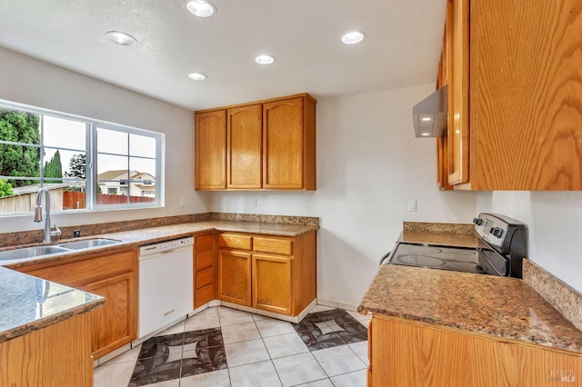 1001 Suffolk Way, Fairfield, CA 94533 - kitchen featuring white dishwasher, electric range oven, recessed lighting, brown cabinets, and range hood