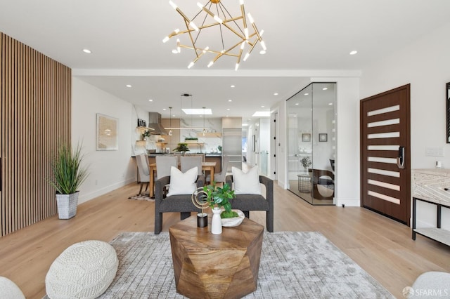 2287 45th Ave, San Francisco, CA 94116 - living room featuring light wood finished floors, baseboards, recessed lighting, and a chandelier