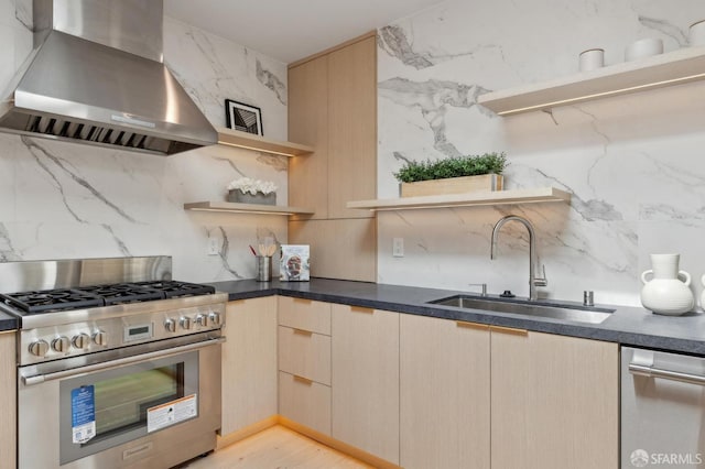 2287 45th Ave, San Francisco, CA 94116 - kitchen with open shelves, stainless steel appliances, wall chimney exhaust hood, a sink, and backsplash