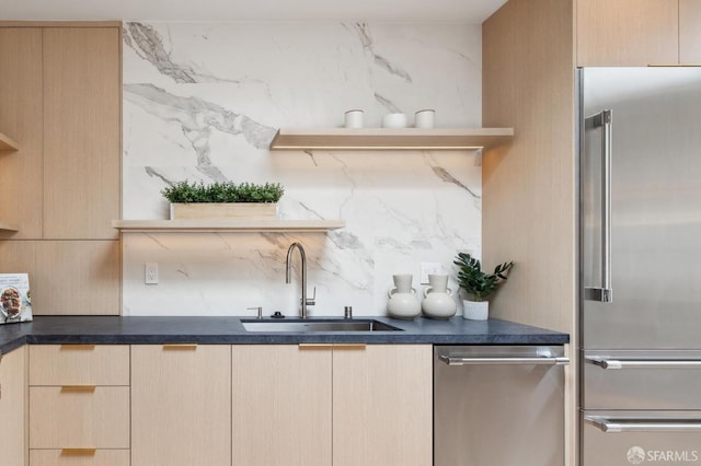 2287 45th Ave, San Francisco, CA 94116 - kitchen featuring appliances with stainless steel finishes, a sink, open shelves, decorative backsplash, and light brown cabinets