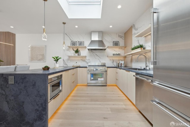 2287 45th Ave, San Francisco, CA 94116 - kitchen featuring open shelves, high quality appliances, wall chimney exhaust hood, modern cabinets, and recessed lighting