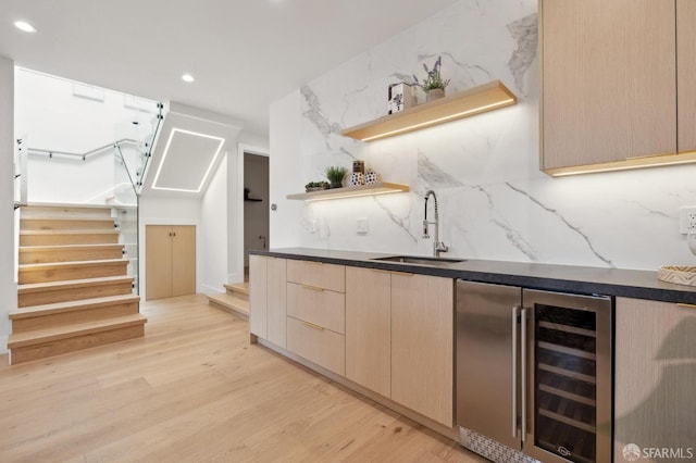 2287 45th Ave, San Francisco, CA 94116 - indoor bar with beverage cooler, light wood finished floors, stairway, recessed lighting, and decorative backsplash