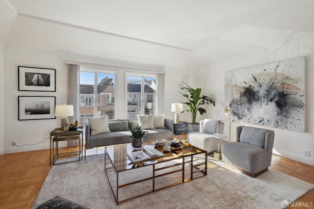 living room with parquet floors