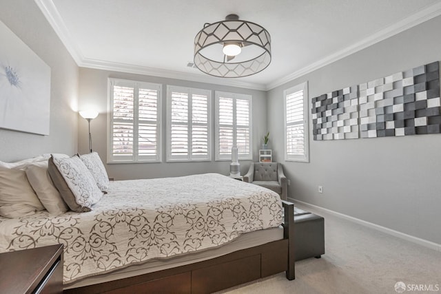 bedroom featuring crown molding and carpet floors