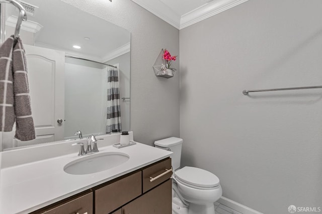 bathroom featuring ornamental molding, toilet, curtained shower, and vanity