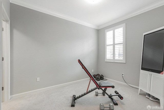 workout area with crown molding and carpet