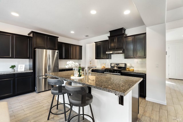 kitchen featuring decorative backsplash, under cabinet range hood, a sink, light wood-style flooring, and stainless steel appliances