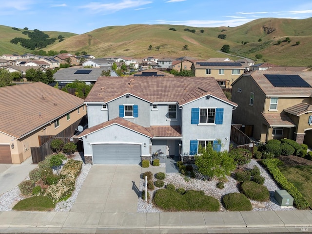 aerial view featuring a residential view and a mountain view