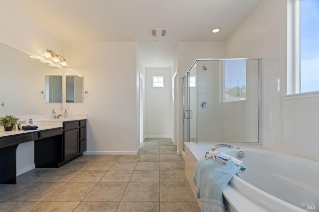 full bathroom with tile patterned flooring, vanity, a shower stall, visible vents, and a bath
