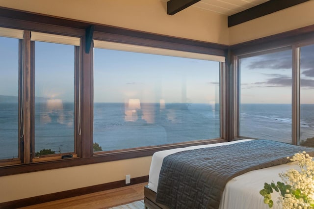 272 Ocean Pkwy, Bolinas, CA 94924 - bedroom with a water view, multiple windows, and beamed ceiling