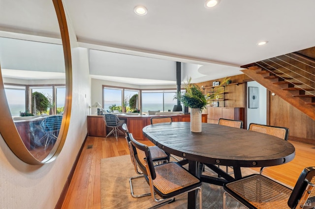 272 Ocean Pkwy, Bolinas, CA 94924 - dining space featuring light wood finished floors, recessed lighting, and stairs