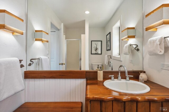 272 Ocean Pkwy, Bolinas, CA 94924 - bathroom featuring a stall shower, vanity, and recessed lighting