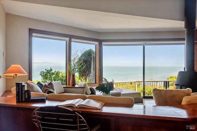 272 Ocean Pkwy, Bolinas, CA 94924 - living room featuring a water view, a wood stove, and plenty of natural light