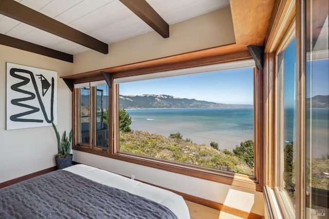 272 Ocean Pkwy, Bolinas, CA 94924 - bedroom featuring beam ceiling and a water and mountain view