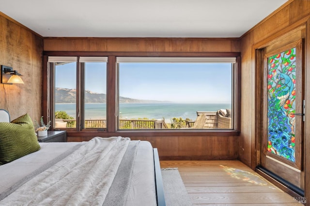 272 Ocean Pkwy, Bolinas, CA 94924 - bedroom with wooden walls, a water view, and hardwood / wood-style flooring