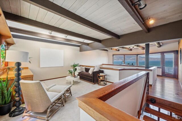 272 Ocean Pkwy, Bolinas, CA 94924 - living room with a wooden ceiling with exposed beams and a water view