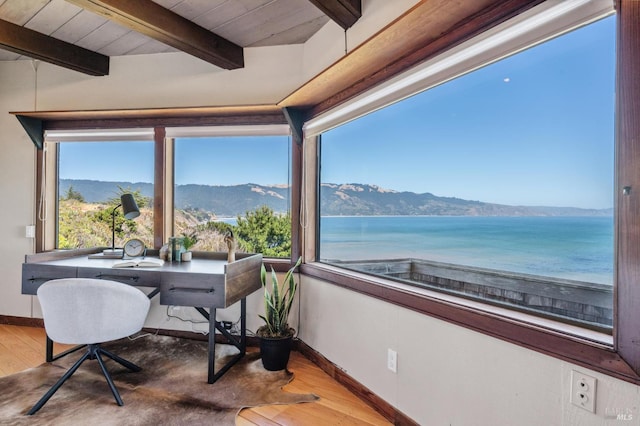 272 Ocean Pkwy, Bolinas, CA 94924 - sunroom featuring wood finished floors, healthy amount of natural light, a wood ceiling with exposed beams, and a water and mountain view
