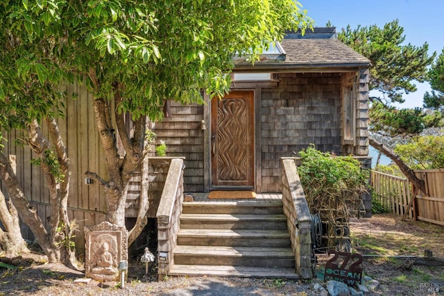 272 Ocean Pkwy, Bolinas, CA 94924 - view of exterior entry with a shingled roof