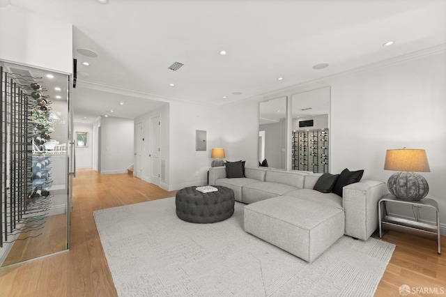 living room featuring ornamental molding and light hardwood / wood-style floors