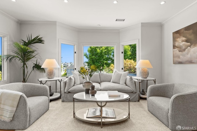 carpeted living room with crown molding