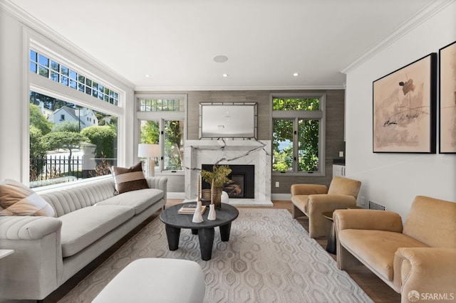 living room with hardwood / wood-style flooring, a premium fireplace, and crown molding