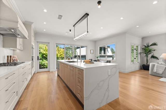 kitchen featuring white cabinets, a large island, sink, and a wealth of natural light