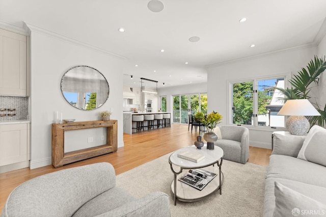 living room with ornamental molding and light hardwood / wood-style floors