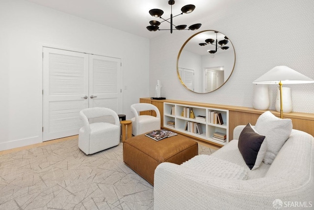 living room featuring an inviting chandelier