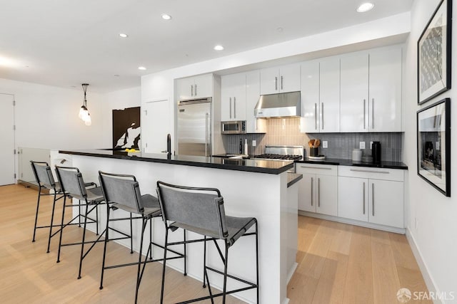 kitchen with light hardwood / wood-style floors, white cabinetry, pendant lighting, and stainless steel appliances