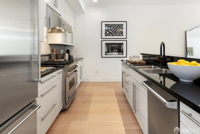 kitchen featuring white cabinets, sink, light hardwood / wood-style flooring, stainless steel appliances, and decorative backsplash