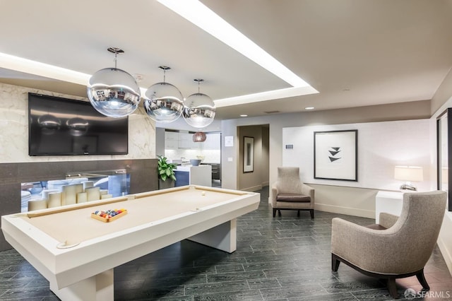 420 Mission Bay Blvd Unit 708, San Francisco, CA 94158 - game room featuring baseboards, a tray ceiling, billiards, wood finish floors, and recessed lighting