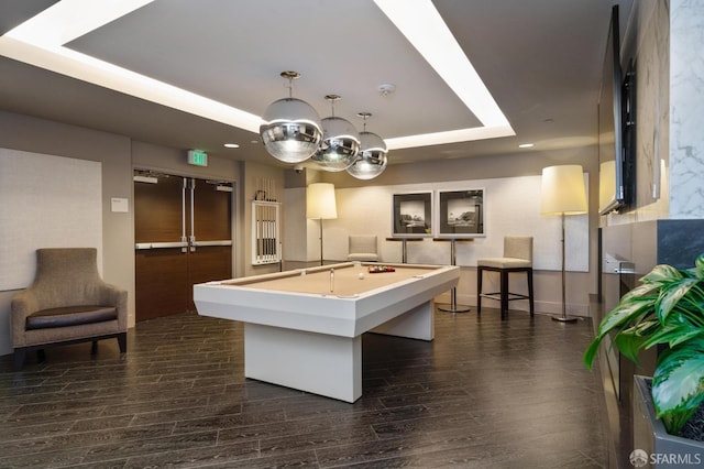 420 Mission Bay Blvd Unit 708, San Francisco, CA 94158 - rec room with dark wood finished floors, billiards table, a tray ceiling, a chandelier, and recessed lighting