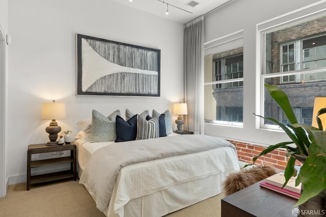 carpeted bedroom with rail lighting