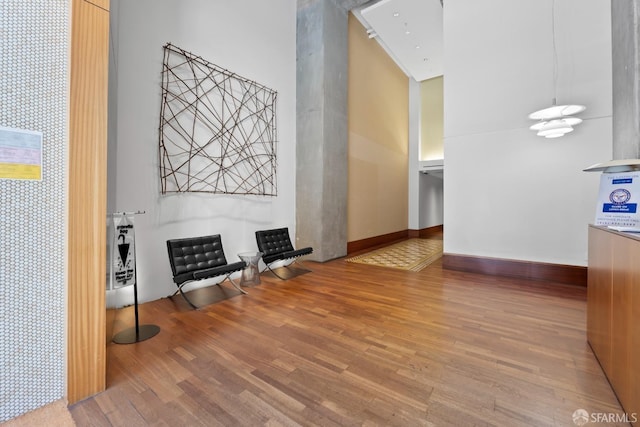 hall with a high ceiling and hardwood / wood-style flooring