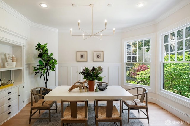 2864 Sacramento St, San Francisco, CA 94115 - dining area featuring a chandelier, light wood-style flooring, recessed lighting, ornamental molding, and wainscoting