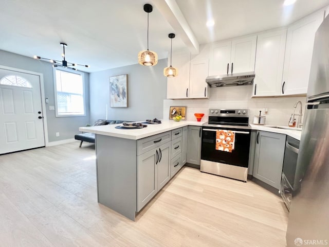 kitchen with light hardwood / wood-style floors, stainless steel appliances, kitchen peninsula, and gray cabinets