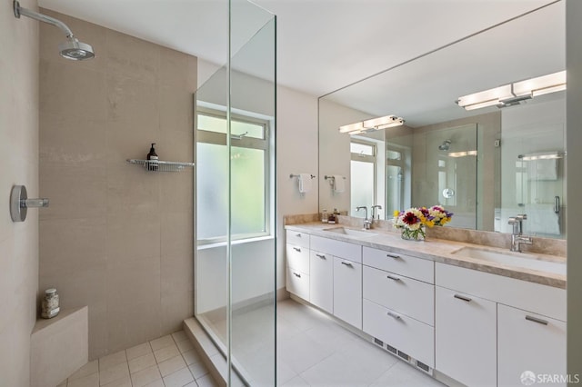 75 Roosevelt Way Unit 1, San Francisco, CA 94114 - full bathroom with a shower stall, double vanity, and tile patterned flooring