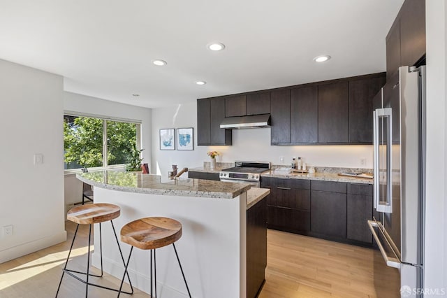 75 Roosevelt Way Unit 1, San Francisco, CA 94114 - kitchen featuring appliances with stainless steel finishes, under cabinet range hood, a breakfast bar, light wood-style flooring, and dark brown cabinetry