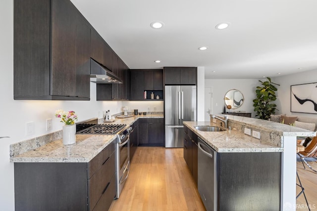 75 Roosevelt Way Unit 1, San Francisco, CA 94114 - kitchen featuring appliances with stainless steel finishes, extractor fan, light wood finished floors, recessed lighting, and a center island with sink