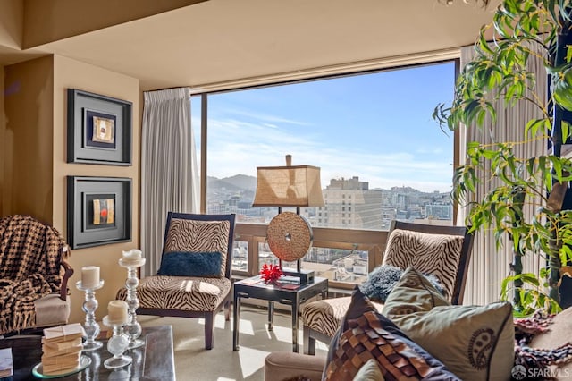 sitting room with a city view, expansive windows, a wealth of natural light, and carpet floors