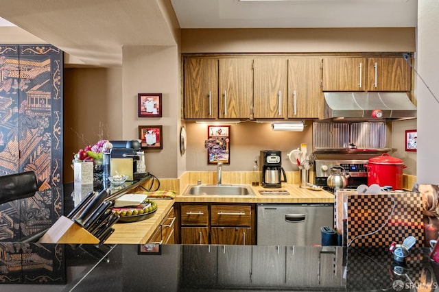 kitchen featuring a sink, range hood, and stainless steel dishwasher