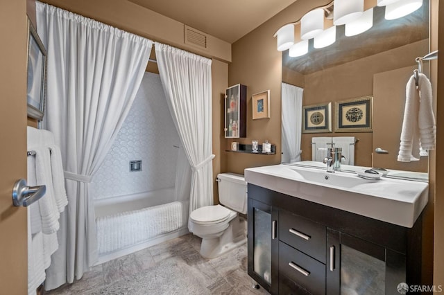 bathroom with vanity, shower / bath combination with curtain, toilet, and visible vents