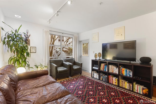 living room with hardwood / wood-style flooring and track lighting