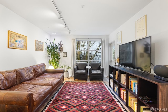 living room featuring track lighting and hardwood / wood-style flooring